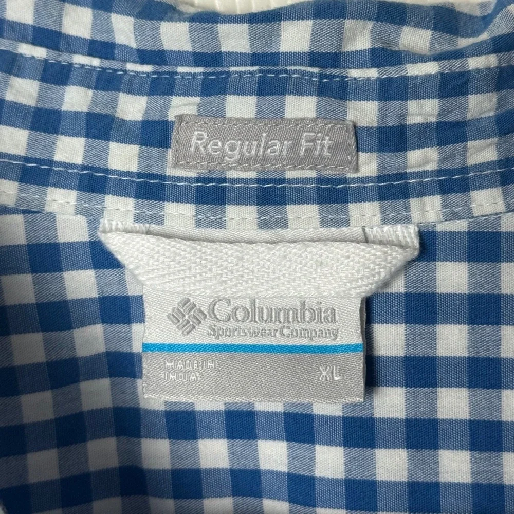 Columbia Mens XL Blue White Gingham Short Sleeve‎ Button Down Shirt Regular Fit